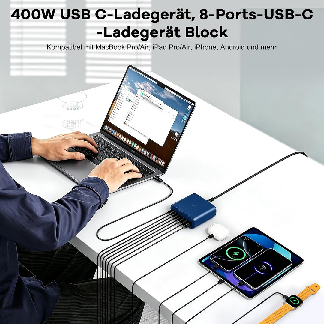 400W USB C Ladegerät Mehrfach, GaN IV 8 Ports USB Ladegerät Mehrfach, 400W 8-Port Schnellladegerät K