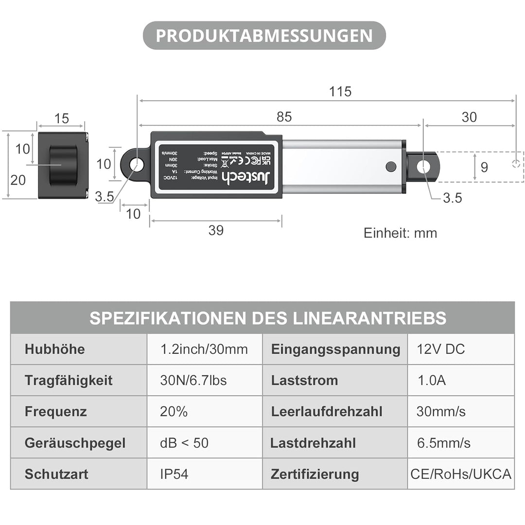 Justech Micro Linear Actuator 12V 30N Linearantrieb Motor 30mm Mini Electric Lineartechnik für Auto