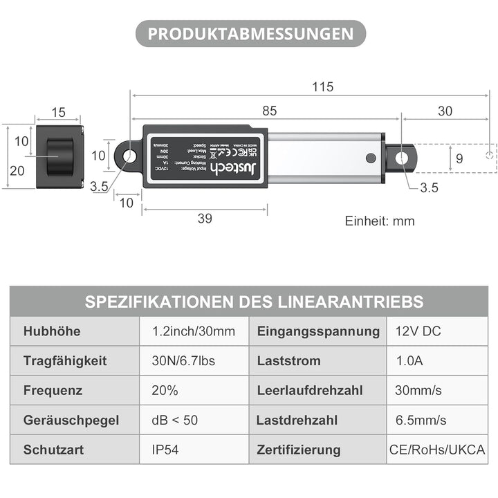 Justech Micro Linear Actuator 12V 30N Linearantrieb Motor 30mm Mini Electric Lineartechnik für Auto