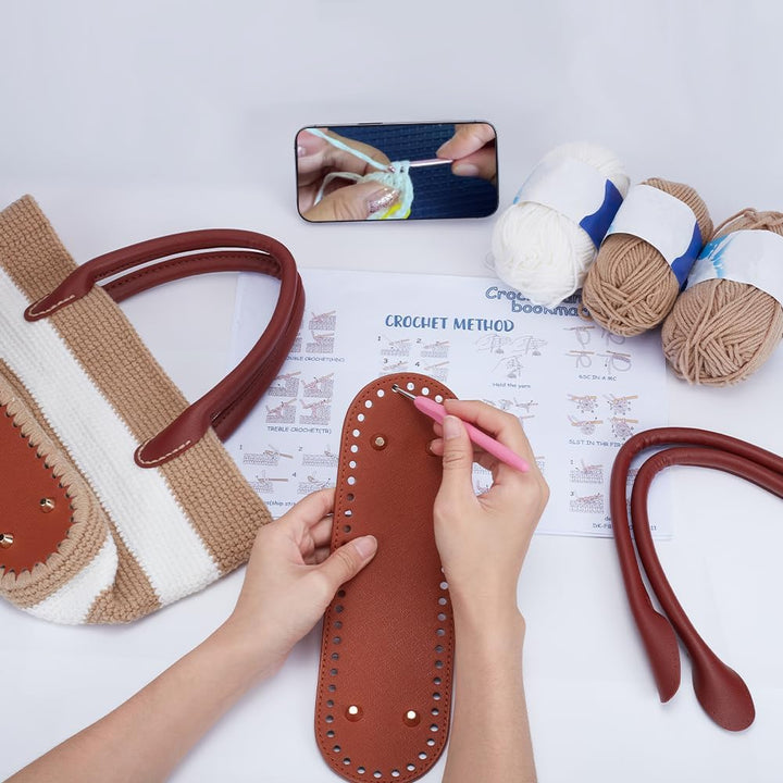 ORIGACH Handtaschen Häkelset Für Anfänger, DIY Starter Häkelset Mit Khakifarbene Gestreifte Häkeltas