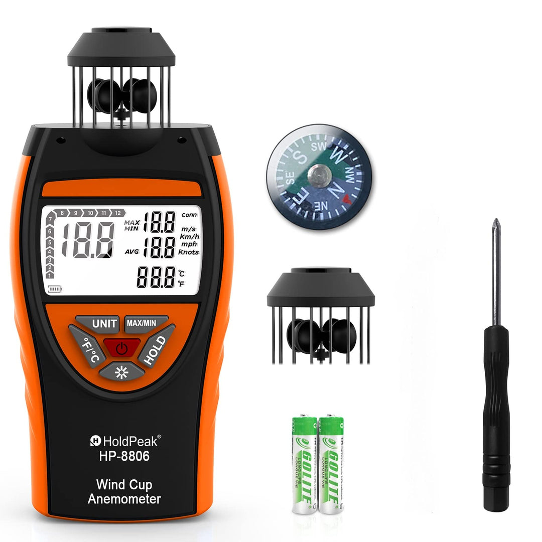 HoldPeak 8806 Windmesser, digital, Windgeschwindigkeit, Meterware, 4 Cups Windgeschwindigkeit, 0,7 ~