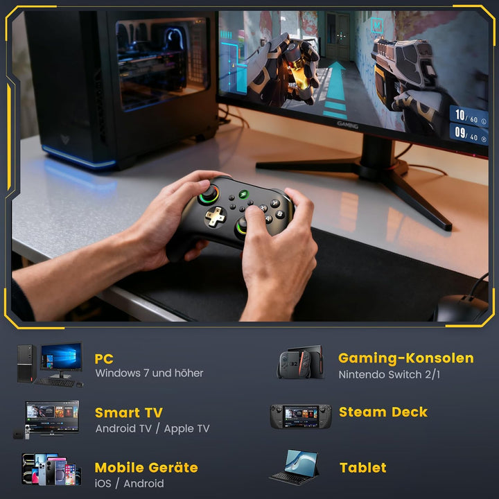 HELLCOOL Controller PC, 2.4GHz Wireless PC Controller mit Ladestation/Hall Joysticks&Trigger/Cooles