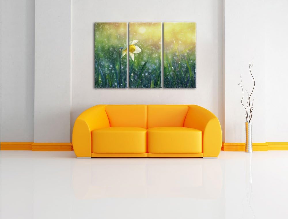 Pixxprint Narzissenblume in der Morgensonne Kunst Buntstift Effekt 3-Teiler Leinwandbild 120x80 Bild