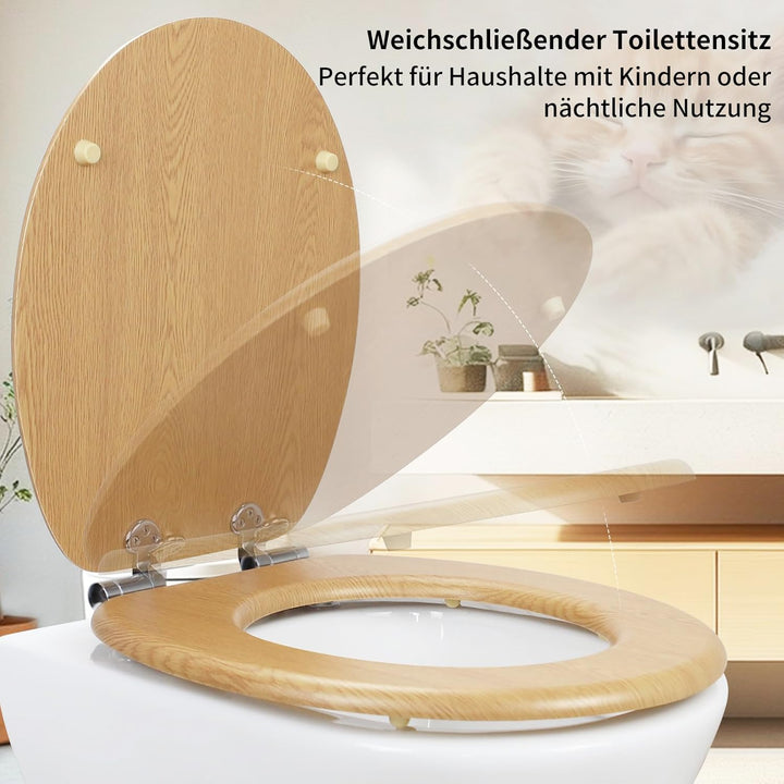 WC-Sitz mit Absenkautomatik, Toilettendeckel aus stabilem MDF-Holzkern, Verstellbare Scharniere aus