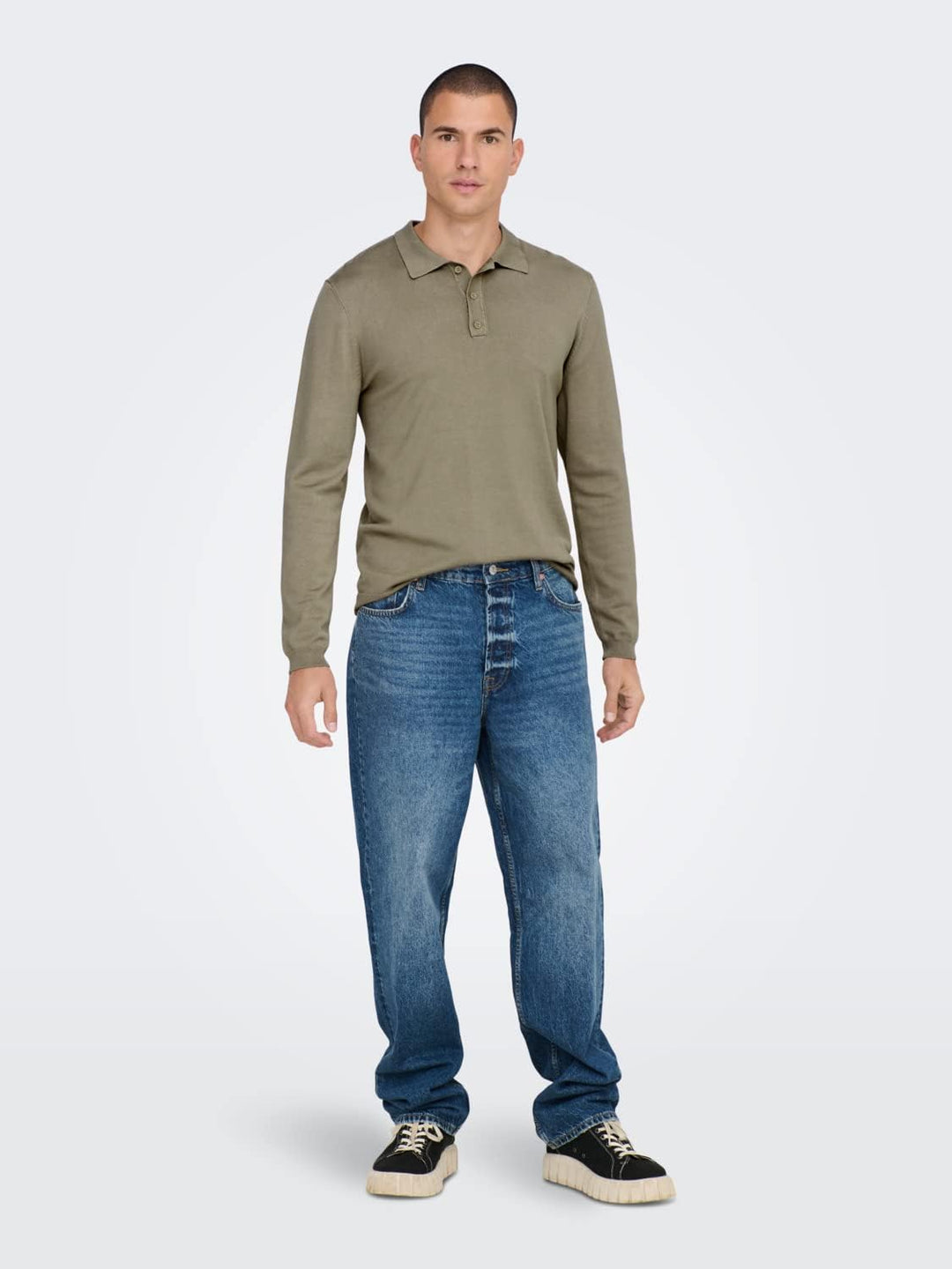 Herren O&S Polo Langarm Shirt Basic Pullover aus Baumwolle Longsleeve Knitted Sweater ONSWYLER, Chin