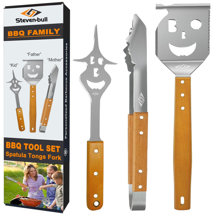 STEVEN-BULL S Grillbesteck-Set 3-TLG. Extra Langes Grillwerkzeug, Edelstahl Holzgriff, Grillzubehör