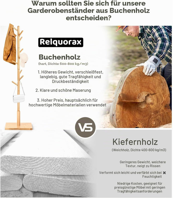 Garderobenständer, Kleiderständer aus Buchenholz Massivholz in Baumform für Kleidung, 9 Haken, 180 x