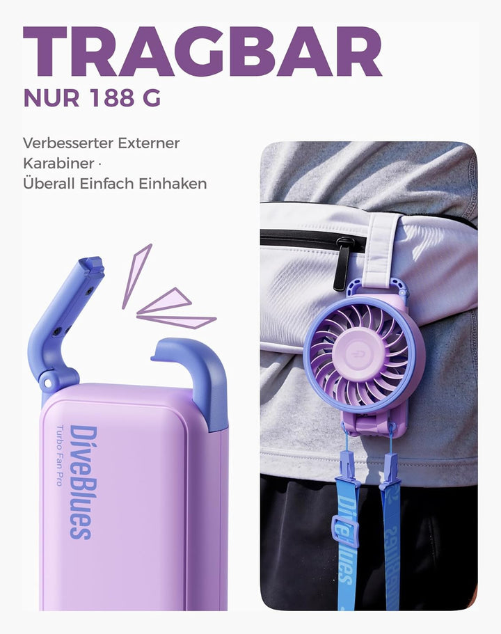 Diveblues Handventilator Tragbarer Turbo-Ventilator mit 100 Stufen und 7.4m/s Starkem Luftstrom, 180