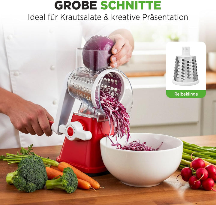 NutriChef 3-in-1 Käsereibe - mit Handkurbel – Kompakte Trommelreibe für Gemüse & Käse – 3 Schneidetr