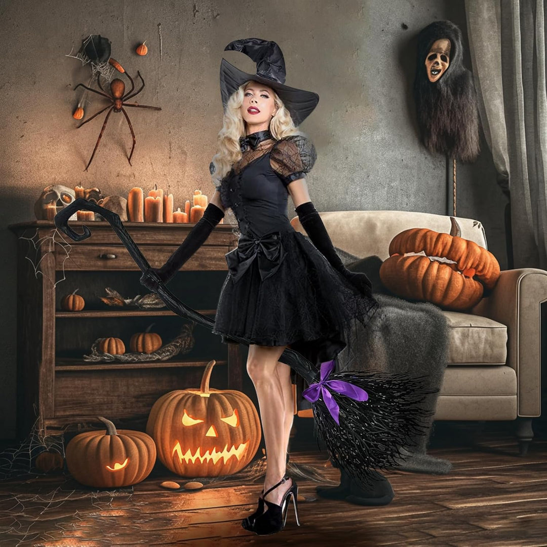 Halloween Hexenbesen, Hexenbesen Kinder mit 3 farbigen Bändern, 130cm Halloween Reisigbesen, Hexe Ma
