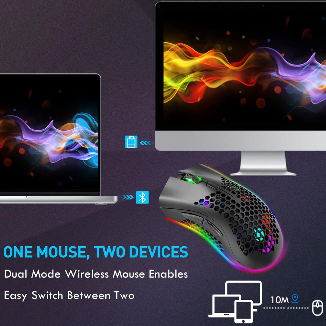 Bluetooth Gaming Maus, Light Honeycomb Maus mit RGB Hintergrundbeleuchtung, einstellbare DPI, Blueto