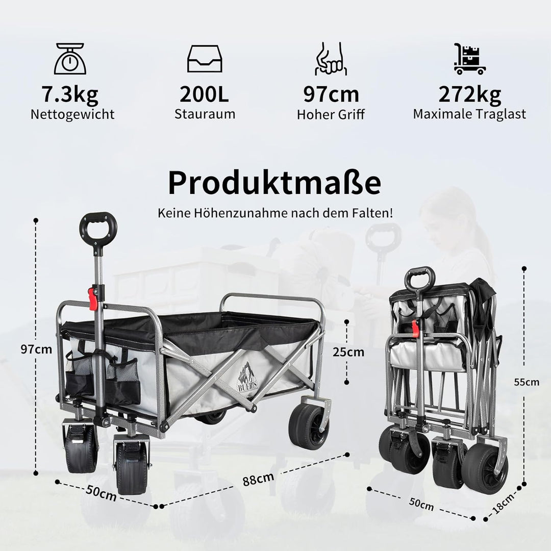 Bollerwagen Faltbar – Tragkraft 272 kg, mit Bremsen, Getränkehalter, Verstellbarem Griff, All Terrai