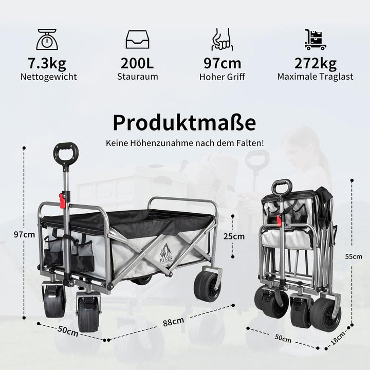Bollerwagen Faltbar – Tragkraft 272 kg, mit Bremsen, Getränkehalter, Verstellbarem Griff, All Terrai