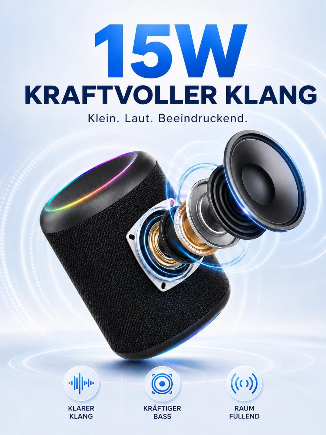 Bluetooth Lautsprecher Kleine Musikbox Bluetooth 5.3 15W mit TWS Modus RGB Lichtern 30 Meter Reichwe