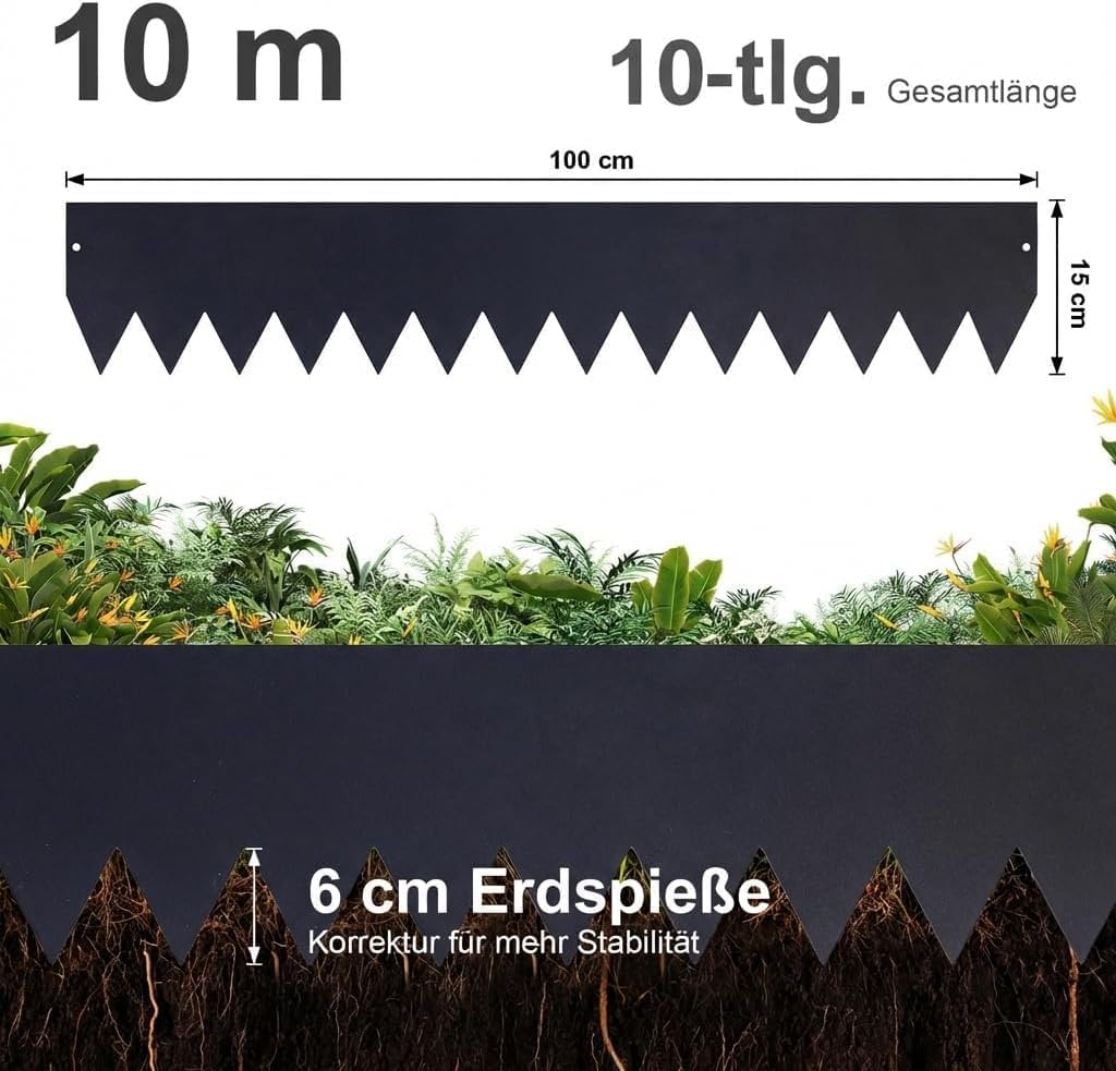 10er-Set feuerverzinkte Rasenkante mit Pulverbeschichtung, 100x15 cm (LxH), Metall-Beeteinfassung, m