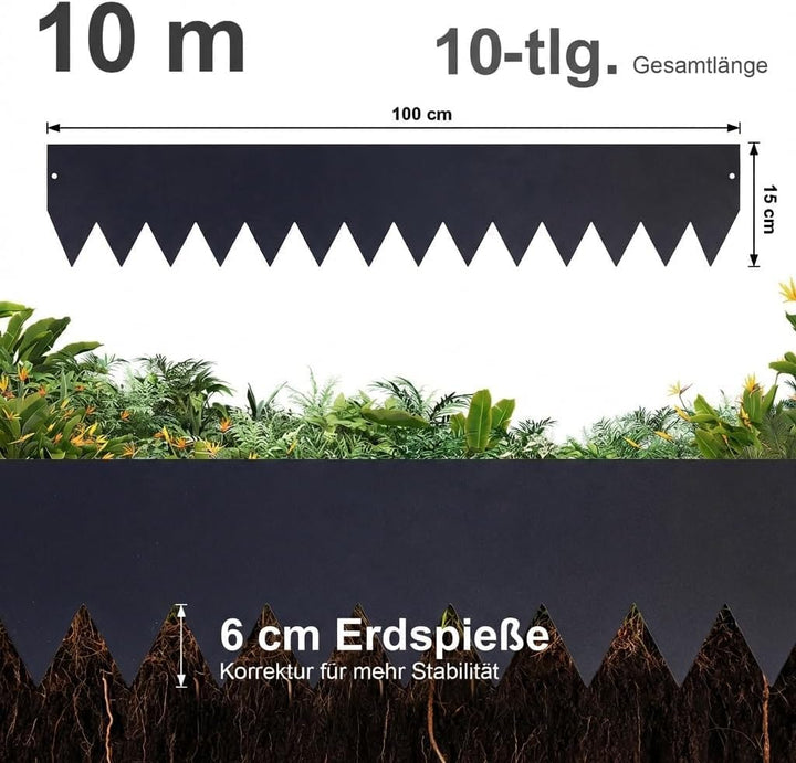 10er-Set feuerverzinkte Rasenkante mit Pulverbeschichtung, 100x15 cm (LxH), Metall-Beeteinfassung, m