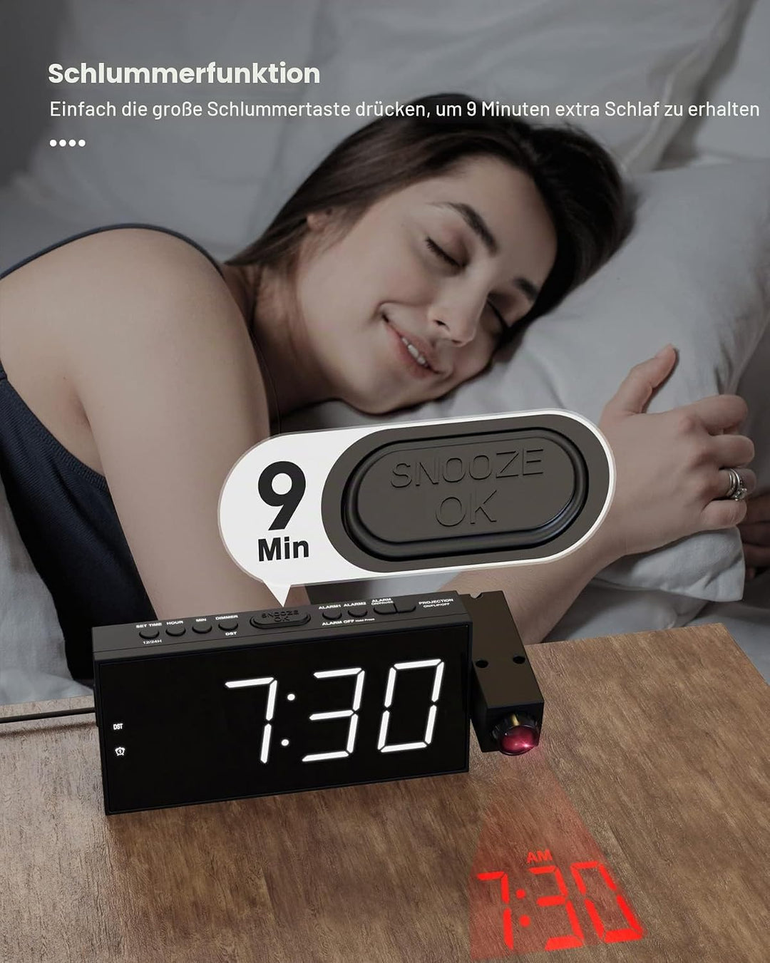 ROCAM Wecker mit Projektion für Schlafzimmer, LED Projektionswecker an der Decke mit USB Ladegerät,