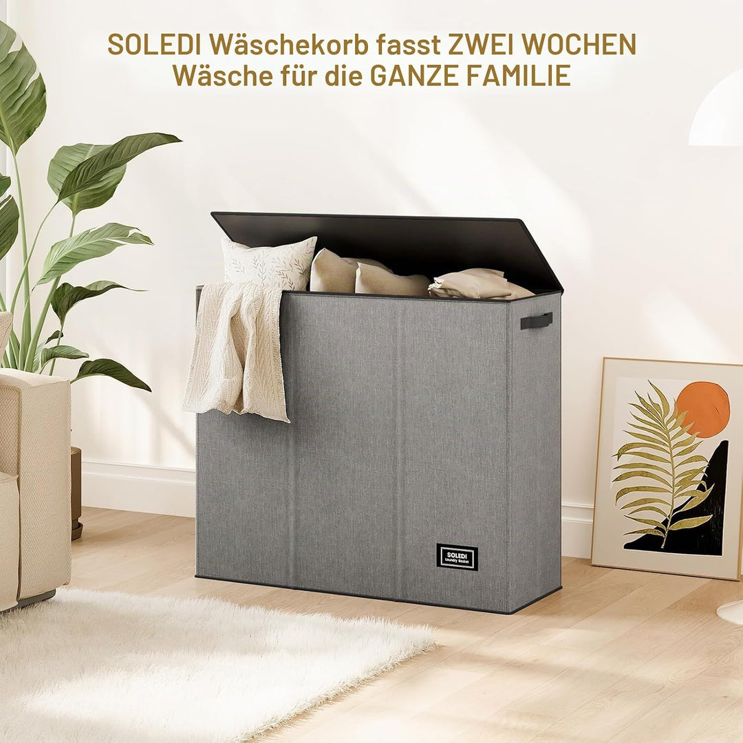 SOLEDI 180L Wäschekorb, Wäschesammler mit Deckel, 3 Fächer und 3 Wäschesack - Grosser XXXL Wäschesor