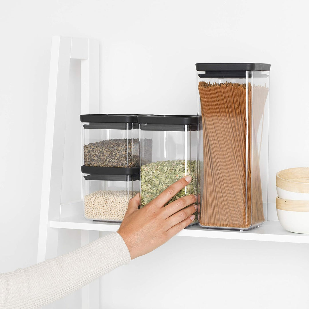 Brabantia 4er-Set Vorratsdose Eckig, Tasty+, Dunk Grau 4er-Set Dark Grey, 4er-Set Dark Grey