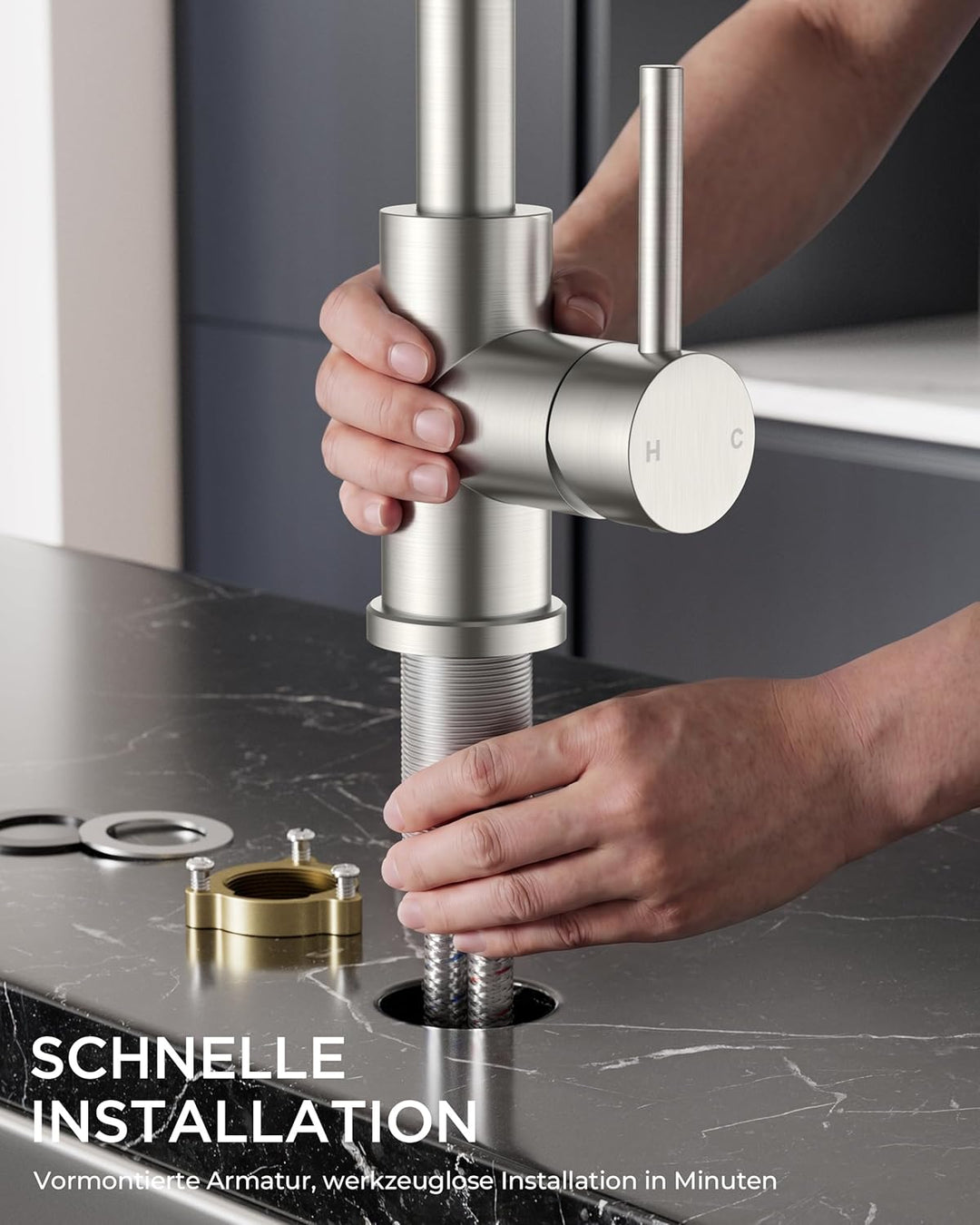 FORIOUS Wasserhahn Küche, Küchenarmatur mit erhöhtem Auslauf, L-Förmige Edelstahl Spülenarmatur, Ein