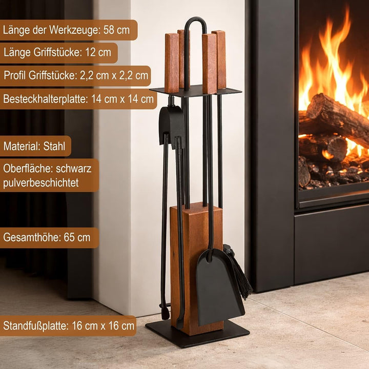 MS Beschläge Kaminbesteck schwarz Stahl mit Holzgriff Eiche – Kamingarnitur 5-teilig mit Ständer, Be