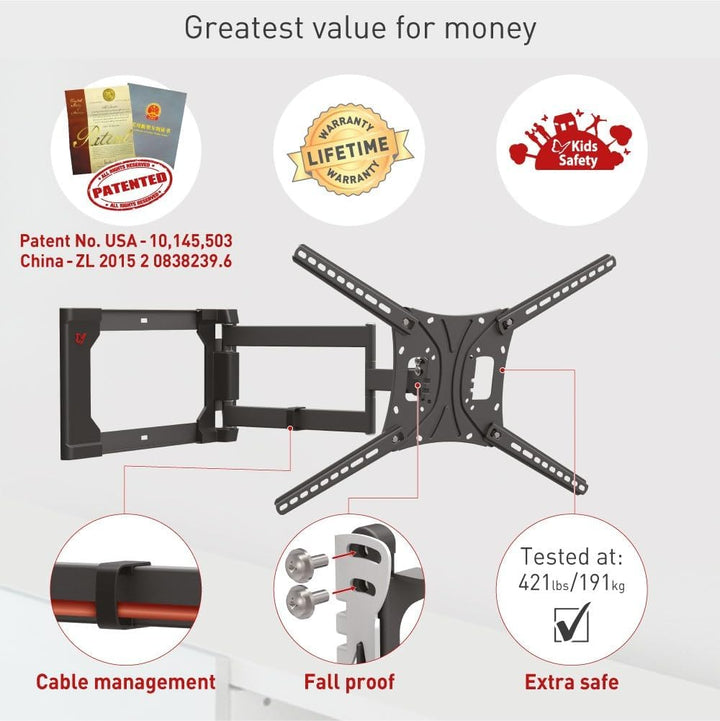 Barkan 64cm Lange TV Wandhalterung, 13-86 Zoll Schwenkbar/Neigbar/Vollbewegung TV Halterung, hält bi