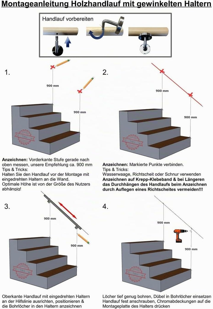 TIBU Buche Geländer Handlauf Treppe Holz Griff gew. Edelstahlhalter, Länge 30 - 500 cm aus einem Stü