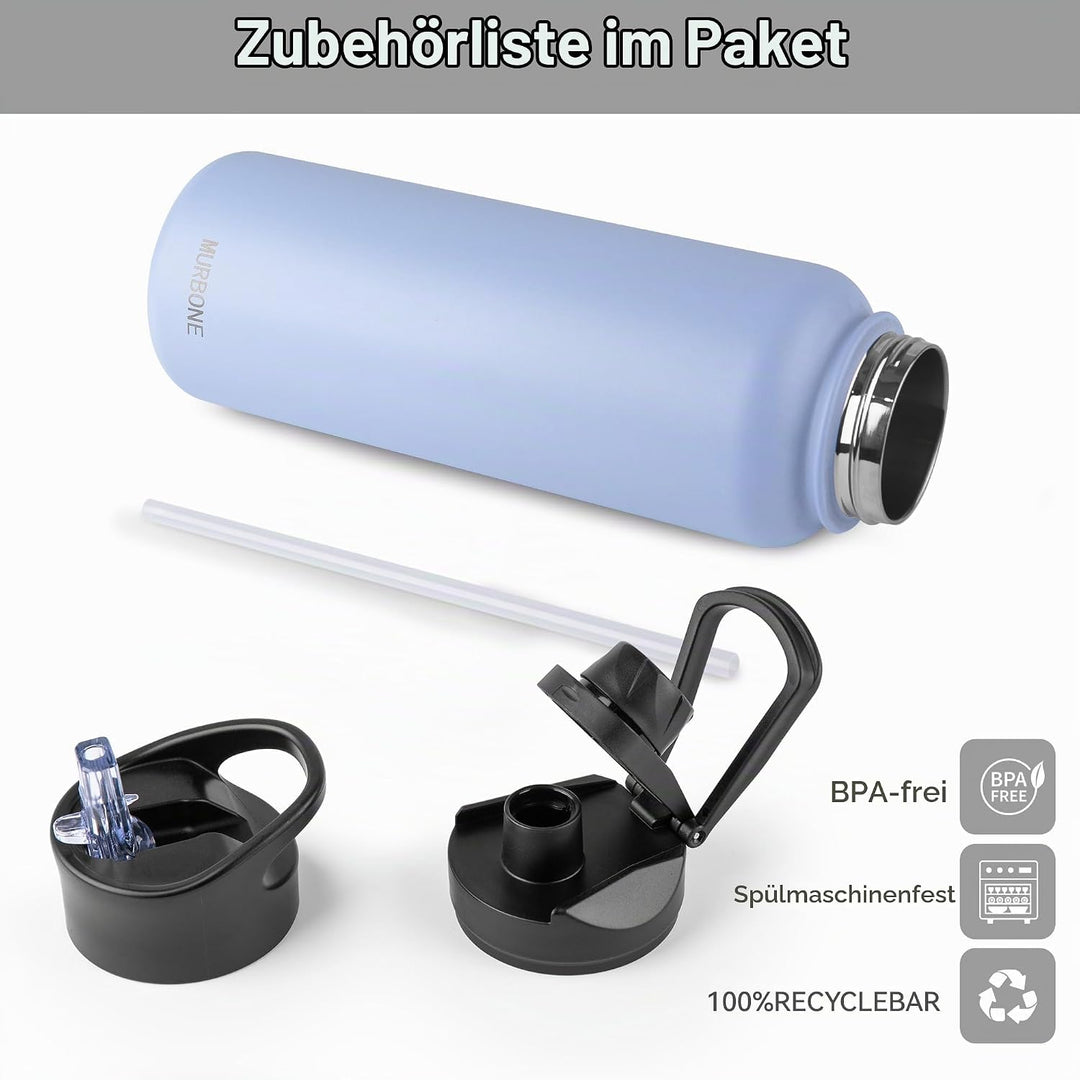 Edelstahl Trinkflasche 1.2L (+2 Deckel)-mit Strohhalm,BPA frei,Thermosflasche Auslaufsicher,Kohlensä