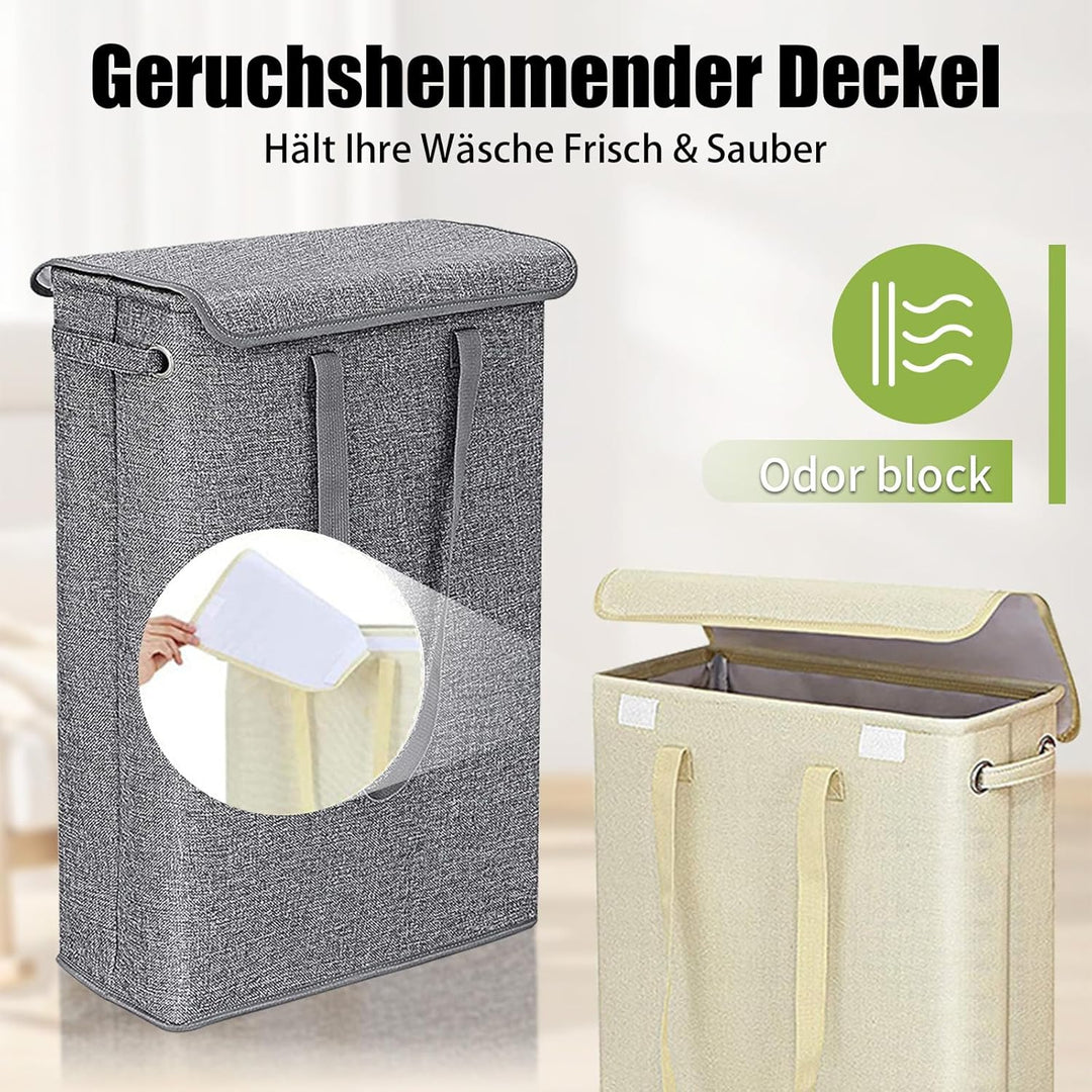 Foldable Wäschekorb Schmal mit Deckel 45L – Laundry Basket aus Leinenoptik mit Reissverschluss-Innen