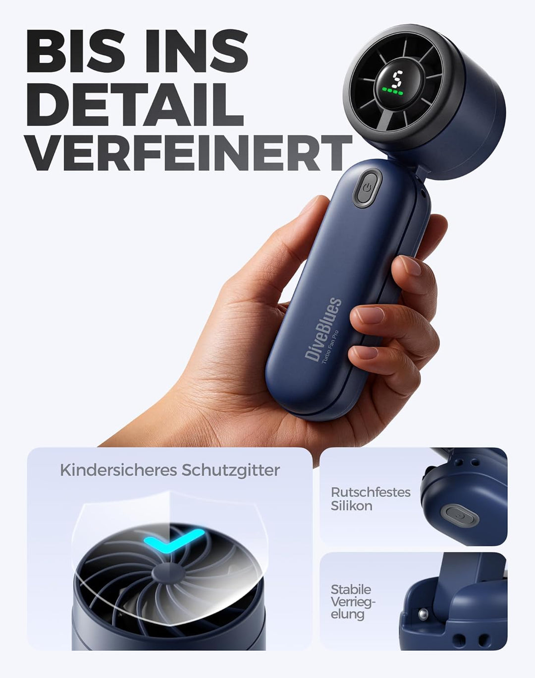 Diveblues 3-in-1 Handventilator Turbo Ventilator mit 4000mAh USB-Akku Aufladbar, 5 Stufen, Faltbar T