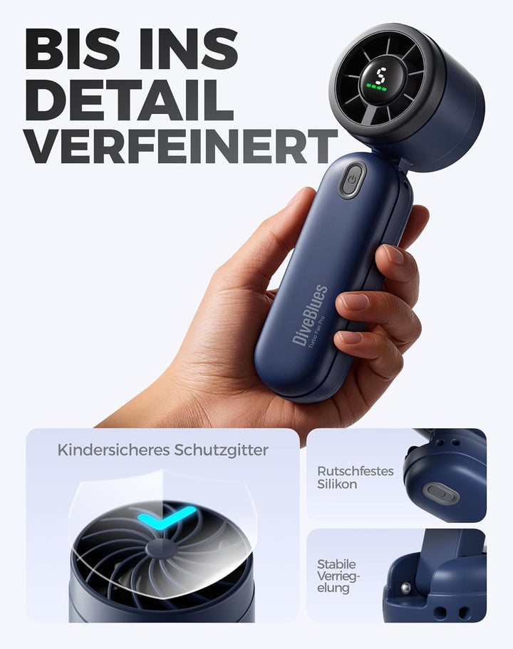Diveblues 3-in-1 Handventilator Turbo Ventilator mit 4000mAh USB-Akku Aufladbar, 5 Stufen, Faltbar T