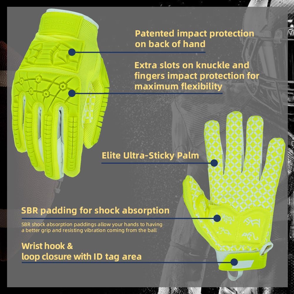 Seibertron Lineman 2.0 Padded Palm Football Receiver Gloves, Flexible TPR Impact Protection Back of