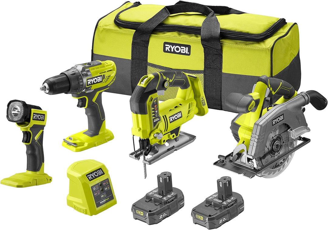 RYOBI - Kombination 4 Werkzeuge, 18 Volt, One+: Bohrmaschine + Stichsäge + Kreissäge + LED-Lampe + 2