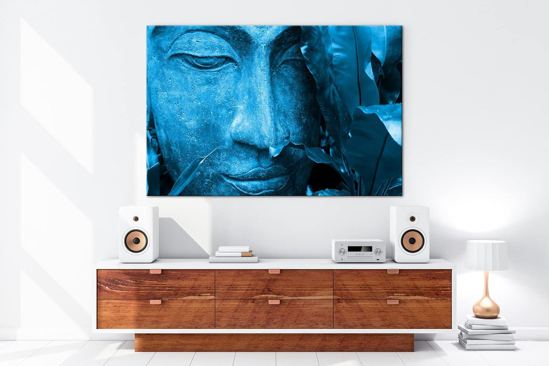 deyoli Zen Buddha Statur Format 80x60 Effekt: Monocrome Blau als Leinwandbild, Motiv fertig gerahmt