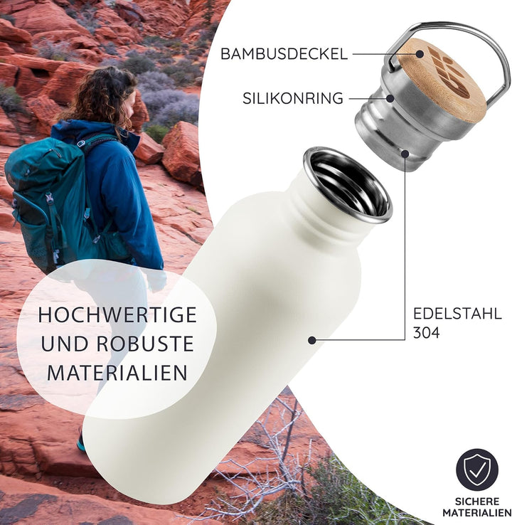Bambaw Trinkflasche Edelstahl 500ml, Nicht-isolierte Trinkflasche Weiss, Fahrrad Trinkflasche Edelst