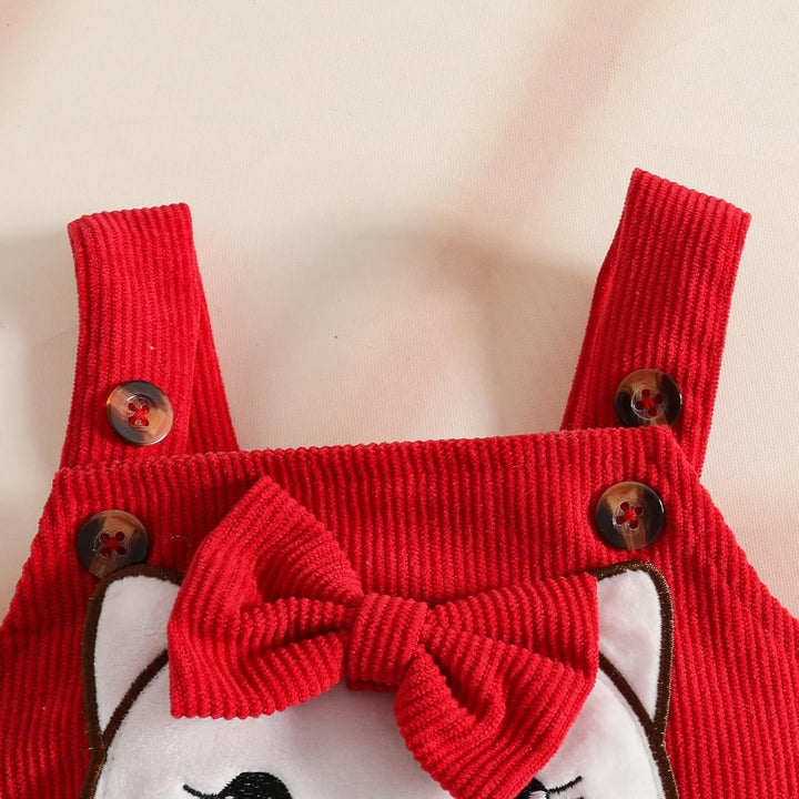 Baby Outfits für Mädchen mit Herz Print kurzärmelig Strampler Hosenträgerrock Bären Kleid Schleife S