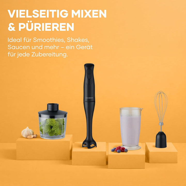 Severin 4-in-1 Stabmixer inkl. 700ml Mix- & Messbecher, Schneebesen, Zerkleineraufsatz, Mixstab, abn