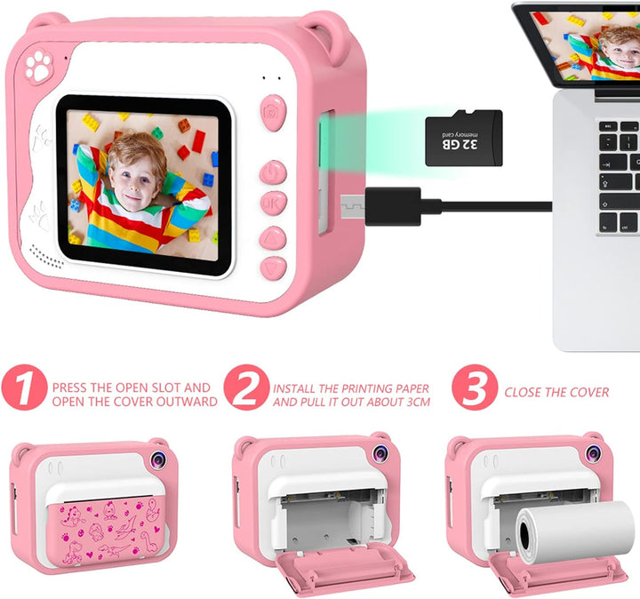 Uleway KinderKamera,DigitalKamera Print Sofortbildkamera 1080P 2.4'' Bildschirm Videokamera Schwarzw