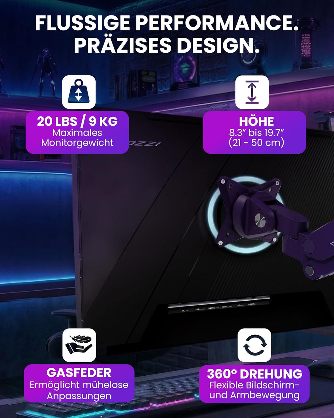 Arozzi Alzare Neo Duo Monitorarm mit Gasfeder - 2 Arme, für 43–86 cm Monitore, VESA 75/100, 360° dre