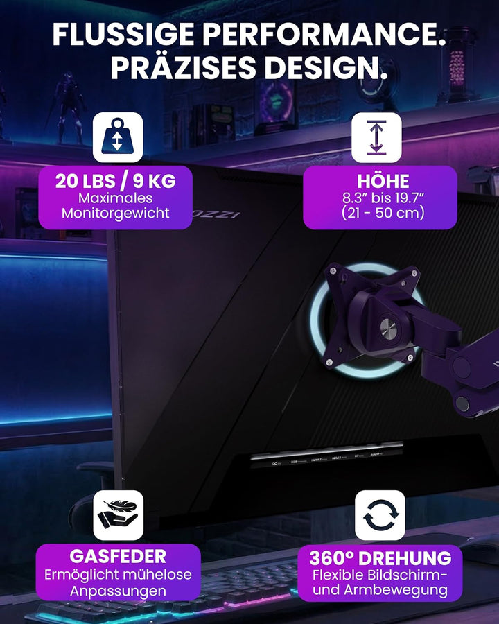 Arozzi Alzare Neo Duo Monitorarm mit Gasfeder - 2 Arme, für 43–86 cm Monitore, VESA 75/100, 360° dre