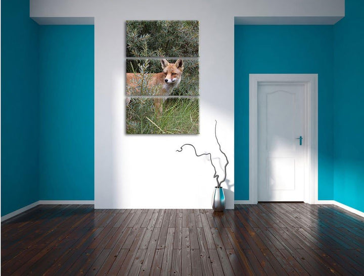 Pixxprint listiger Fuchs im Wildstrauch 3-Teiler Leinwandbild 120x80 Bild auf Leinwand, riesige Bild