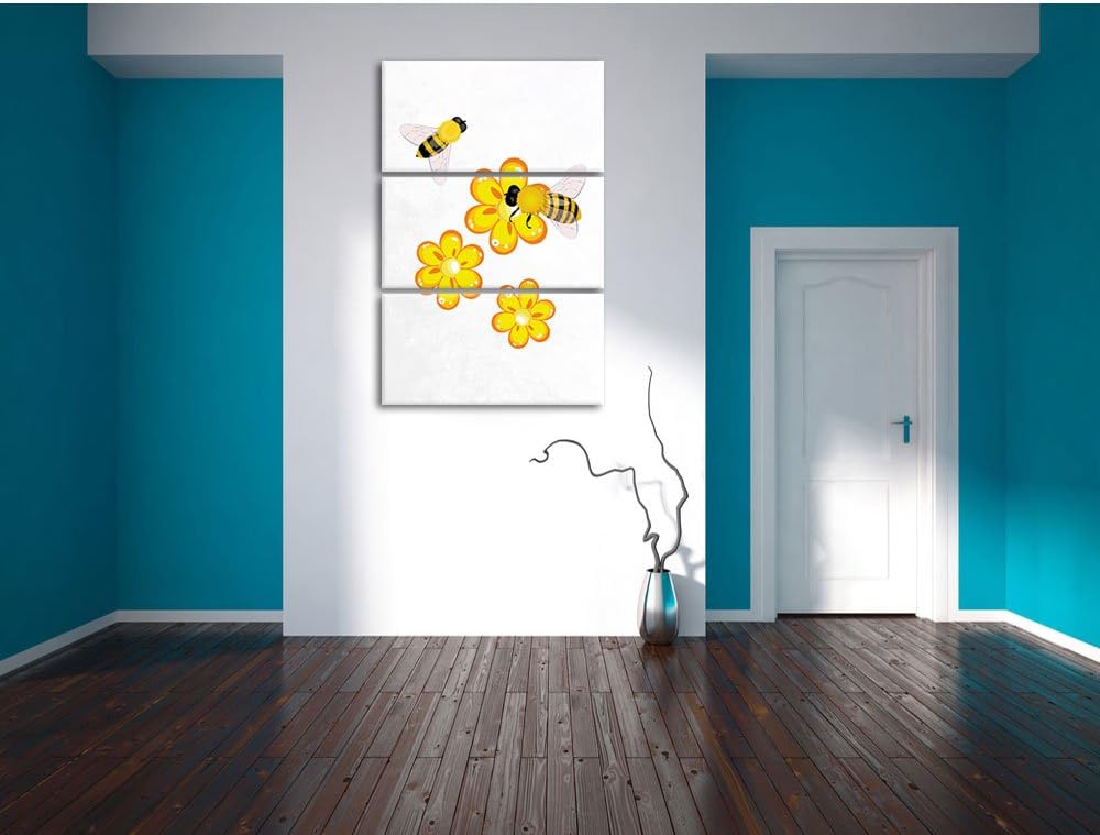 Pixxprint hübsche Bienen mit Blumen als Leinwandbild/Grösse: 3 Teilig (120x80) cm/Wandbild/Kunstdruc
