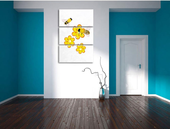 Pixxprint hübsche Bienen mit Blumen als Leinwandbild/Grösse: 3 Teilig (120x80) cm/Wandbild/Kunstdruc