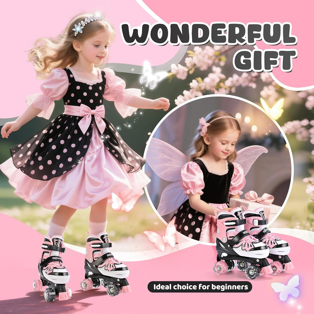 NEMONE Rollschuhe für Mädchen Kinder 4 Grössen Verstellbar Blau Violett Rollschuhe für Kinder Drinne