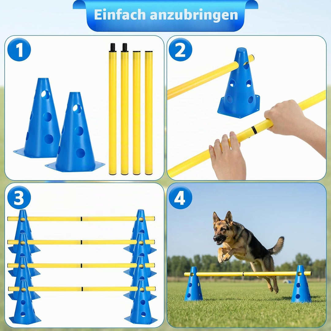 Agility Set Hunde Hürden Steckhürdenset,8 Kegel (24cm)+4 Stangen (81cm) ,Einstellbare Trainingshürde