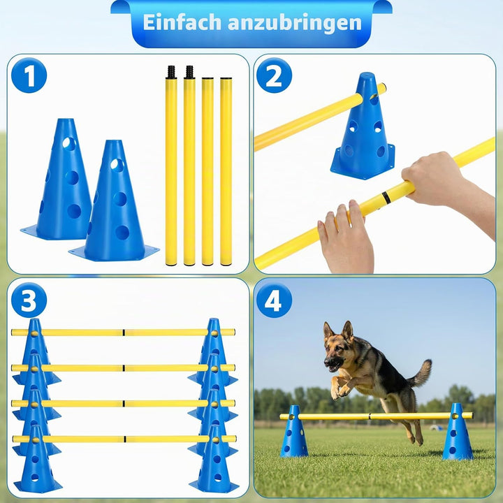 Agility Set Hunde Hürden Steckhürdenset,8 Kegel (24cm)+4 Stangen (81cm) ,Einstellbare Trainingshürde