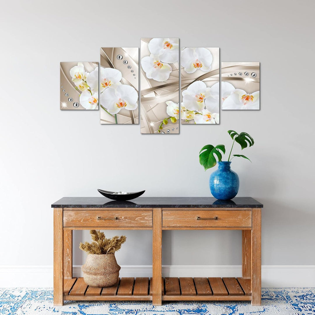 Runa Art Wandbilder Blumen Orchidee 5 Teilig Bild auf Vlies Leinwand Deko Wohnzimmer Abstrakt Beige