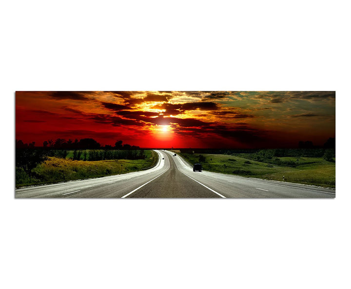 Paul Sinus Art Panoramabild auf Leinwand und Keilrahmen 150x50cm Landschaft Strasse Abendrot Wolkenh