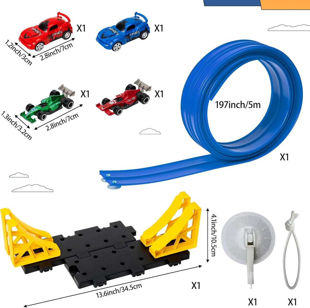 GROBRO7 Flexible Autorennbahn Kinder Spielzeugauto, 5M Dual Rennstrecke Rampen mit 4 Race Car, Rolls
