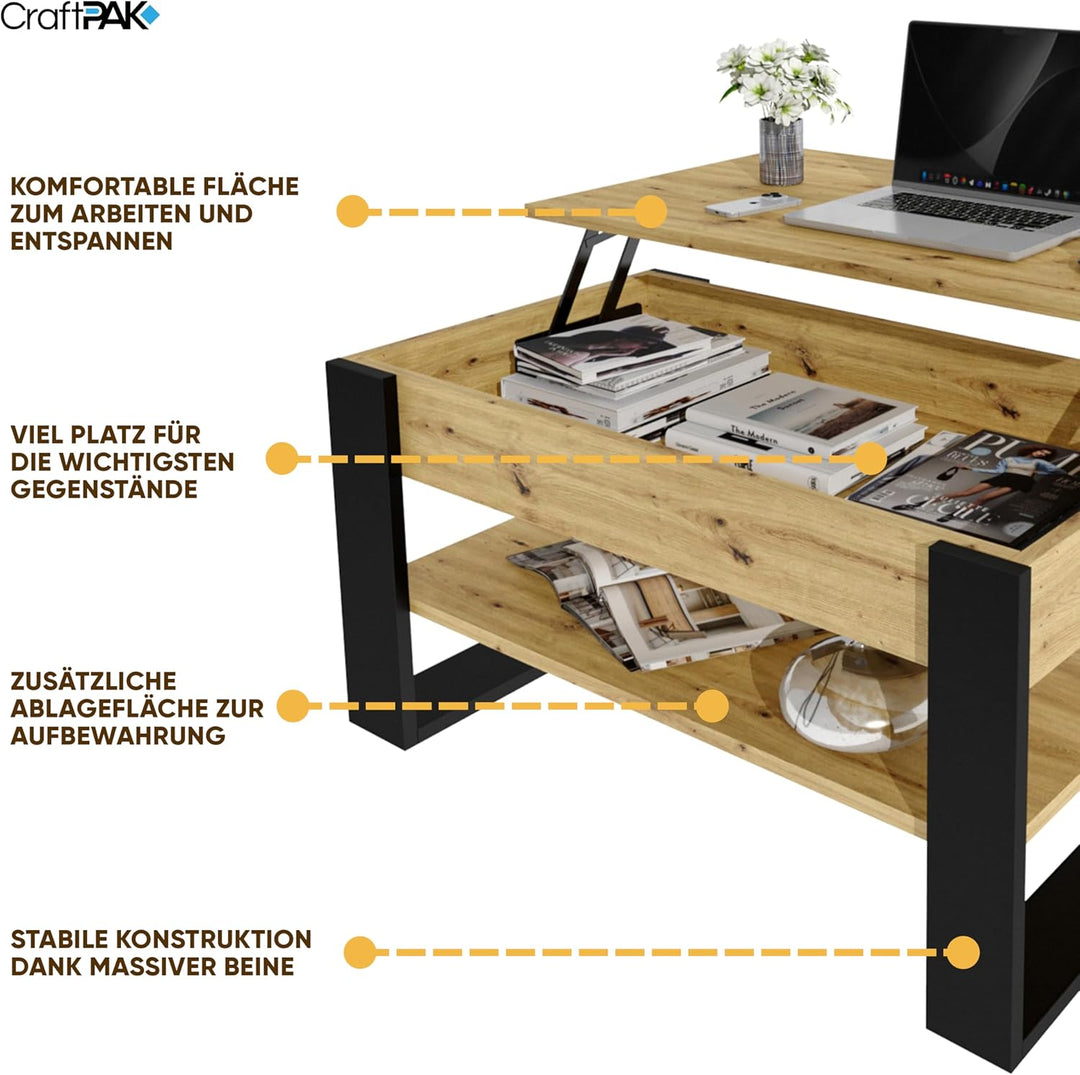 Couchtisch höhenverstellbar mit Stauraum - Couchtische - Wohnzimmertisch klappbar - höhenverstellbar
